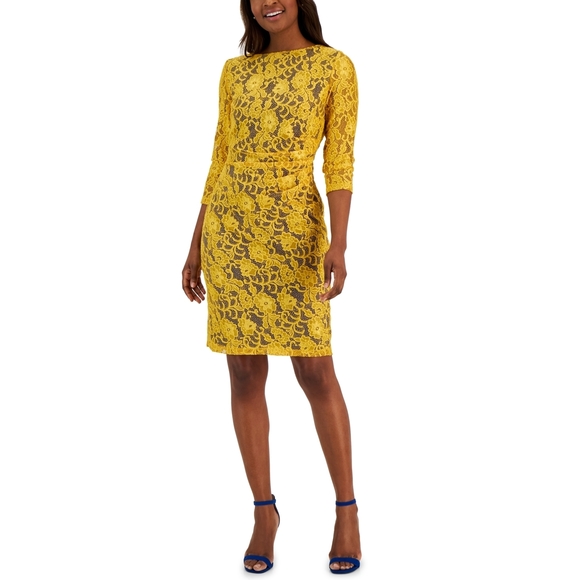 Kasper Yellow Lace Dress - Knee Length - Size M - Cocktail Dress - Picture 1 of 3